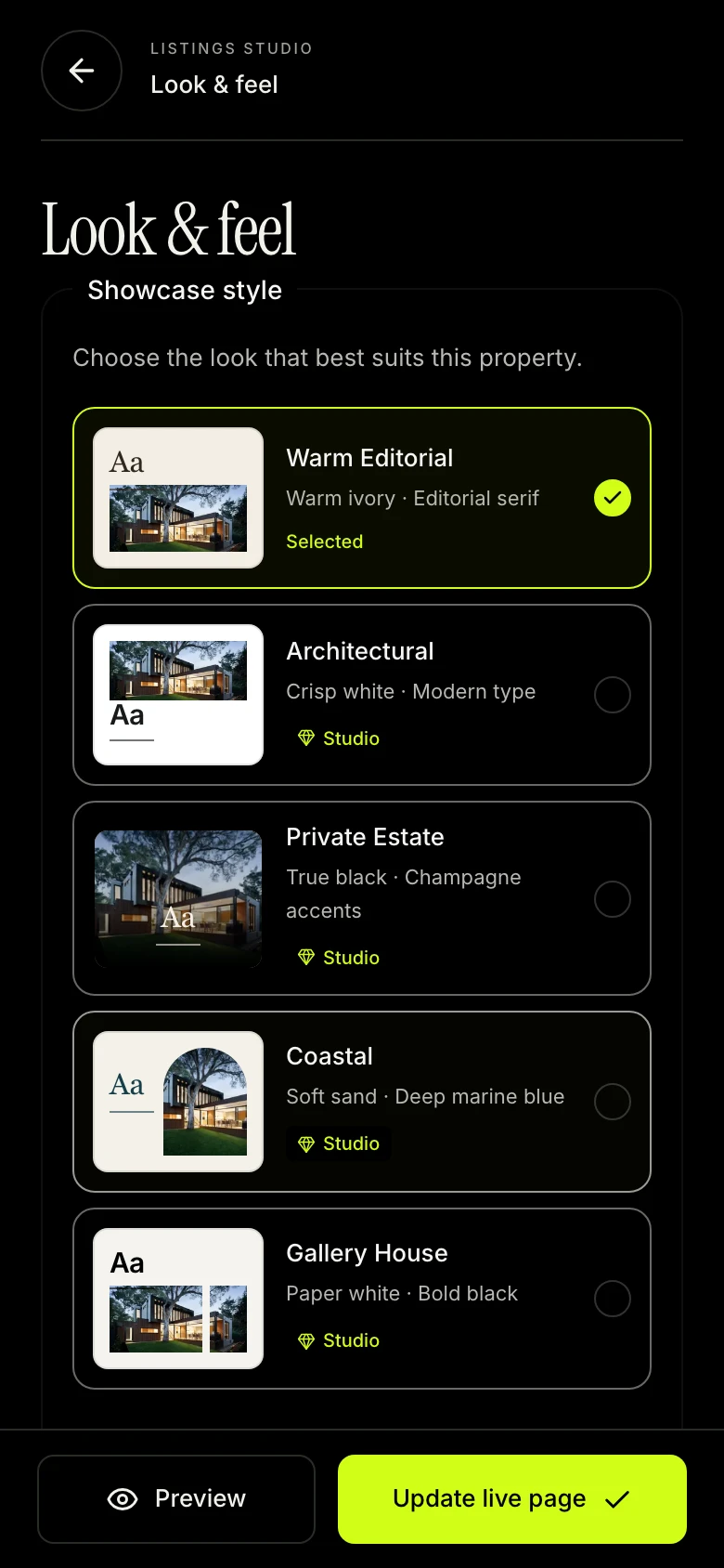 Actual showcase style selector in the Listings Studio editor